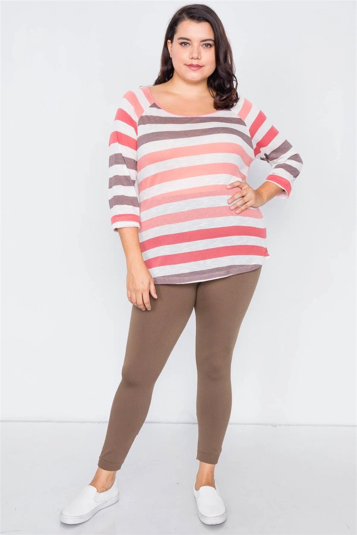 Junior Plus Size Semi Sheer Coral & Pink Stripe Round Neck Top /2-2 - Tasha Apparel Wholesale