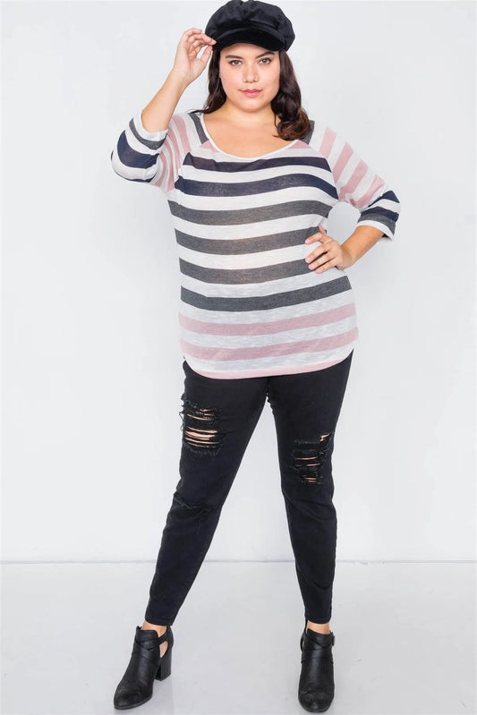 Plus Size Sheer Pink Navy & Grey Stripe Round Neck Top /2-2 - Tasha Apparel Wholesale