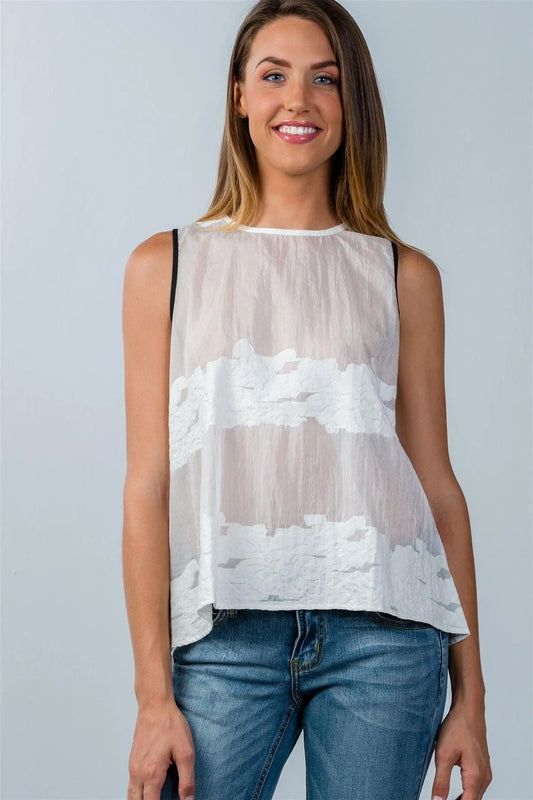 White Textured Pattern Detail Mesh Top /1-3-1 - Tasha Apparel Wholesale
