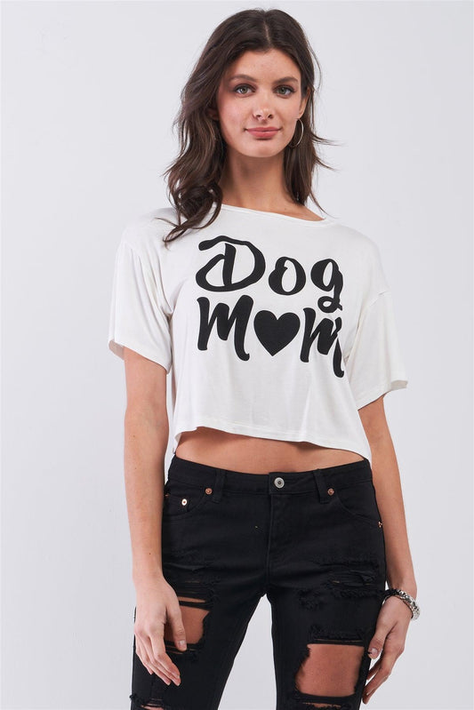 Off-White "Dog Mom" Print Logo Accent Relaxed Cropped Tee /3-2-1 - Tasha Apparel Wholesale