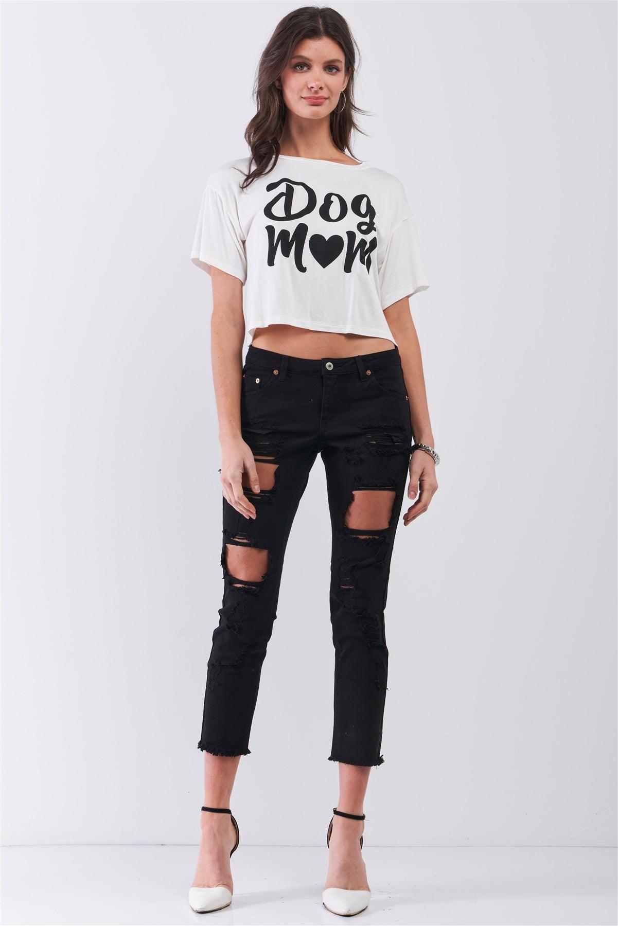 Off-White "Dog Mom" Print Logo Accent Relaxed Cropped Tee /3-2-1
