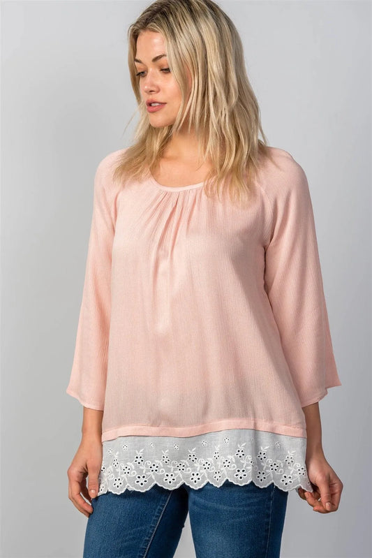 Pink Eyelet Contrast Top /2-2-2 - Tasha Apparel Wholesale