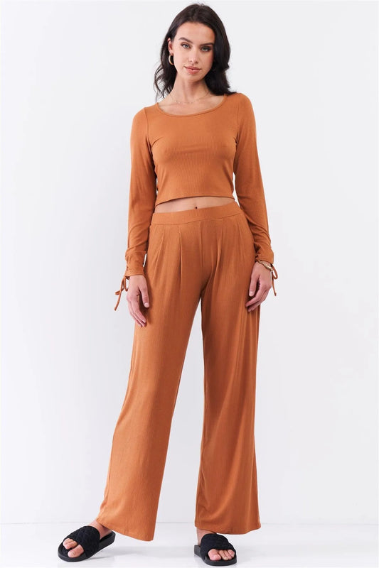 Honey Gold Ribbed Ruched Sleeve Detail Crop Top & Pleated Mid-Rise Wide Leg Pant Set /3-2-1 - Tasha Apparel Wholesale