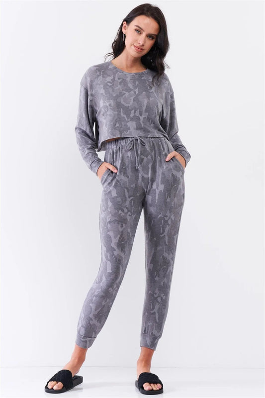 Grey Camo Print Tracksuit Loose Fit Dropped Shoulder Round Neck Long Sleeve Cropped Top High-Waisted Elasticated Self-Tie Drawstring Waistline Pants Set /3-2-1 - Tasha Apparel Wholesale