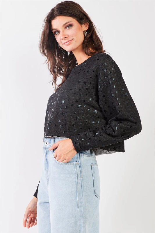 Black Star Print Crew Neck Long Sleeve Cropped Sweatshirt /1-2-1 - Tasha Apparel Wholesale