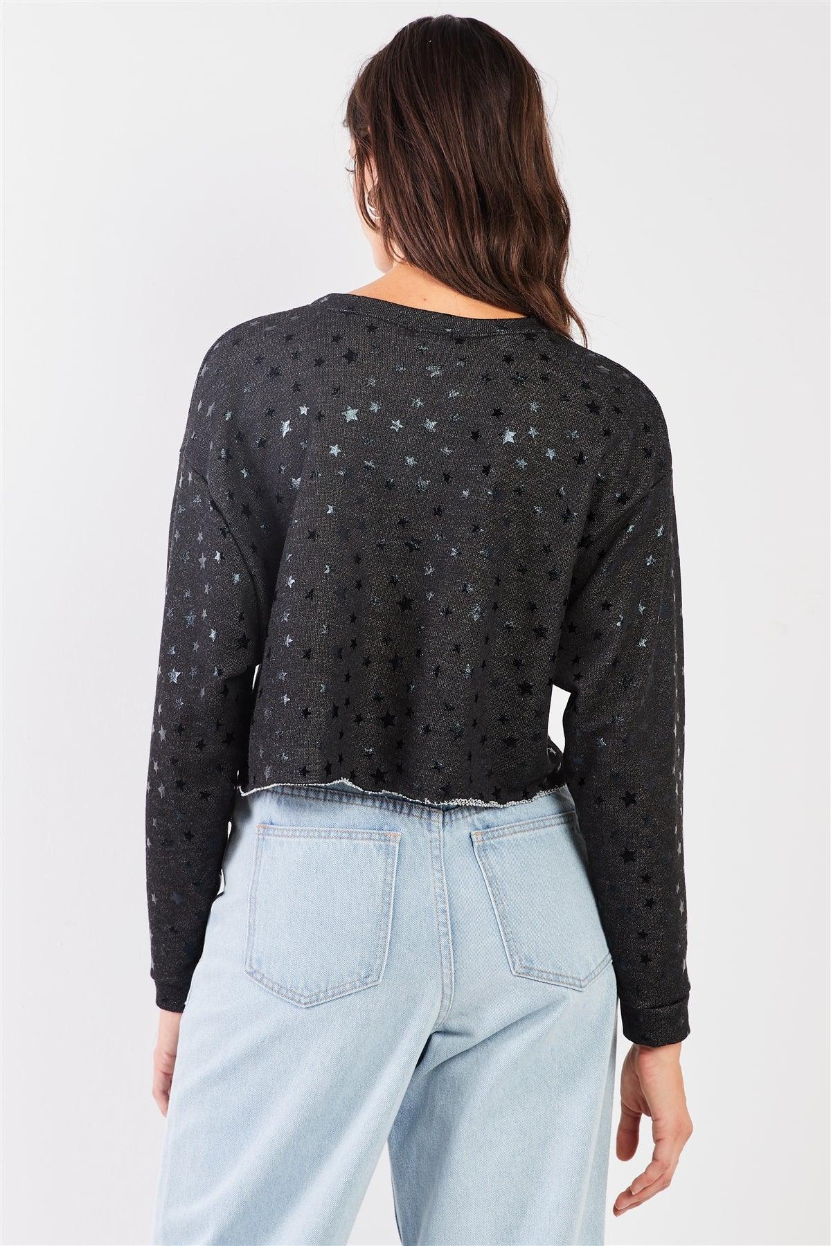 Black Star Print  Crew Neck Long Sleeve Cropped Sweatshirt /1-2-1