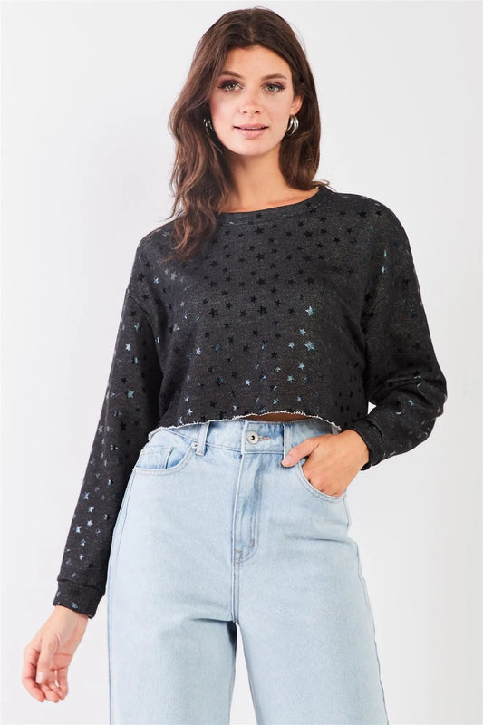 Black Star Print Crew Neck Long Sleeve Cropped Sweatshirt /3-2-1 - Tasha Apparel Wholesale