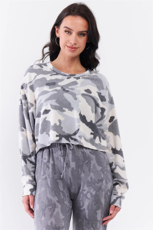 Ivory Grey Camo Fuzzy Print Loose Fit Dropped Shoulder Round Neck Long Sleeve Raw Cropped Track Top /3-2-1 - Tasha Apparel Wholesale