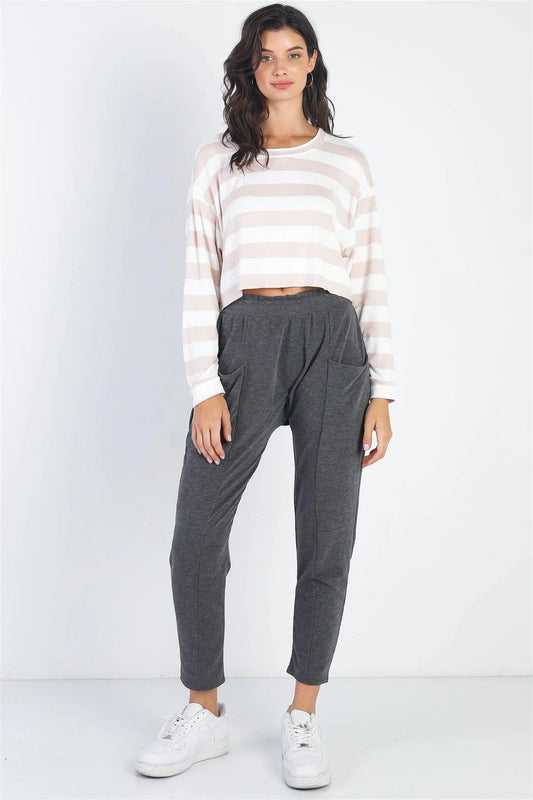 White & Taupe Stripe Long Sleeve Crop Top /2-2-1 - Tasha Apparel Wholesale