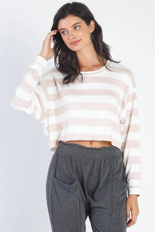 White & Taupe Stripe Long Sleeve Crop Top /3-2-1 - Tasha Apparel Wholesale
