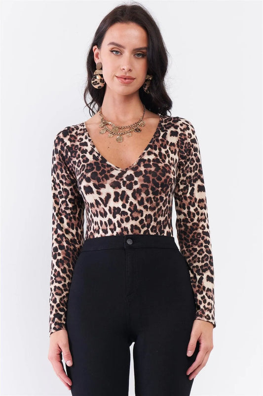 Cream & Black Leopard Print V-Neck Criss-Cross Back Detail Long Sleeve Bodysuit /3-2-1 - Tasha Apparel Wholesale
