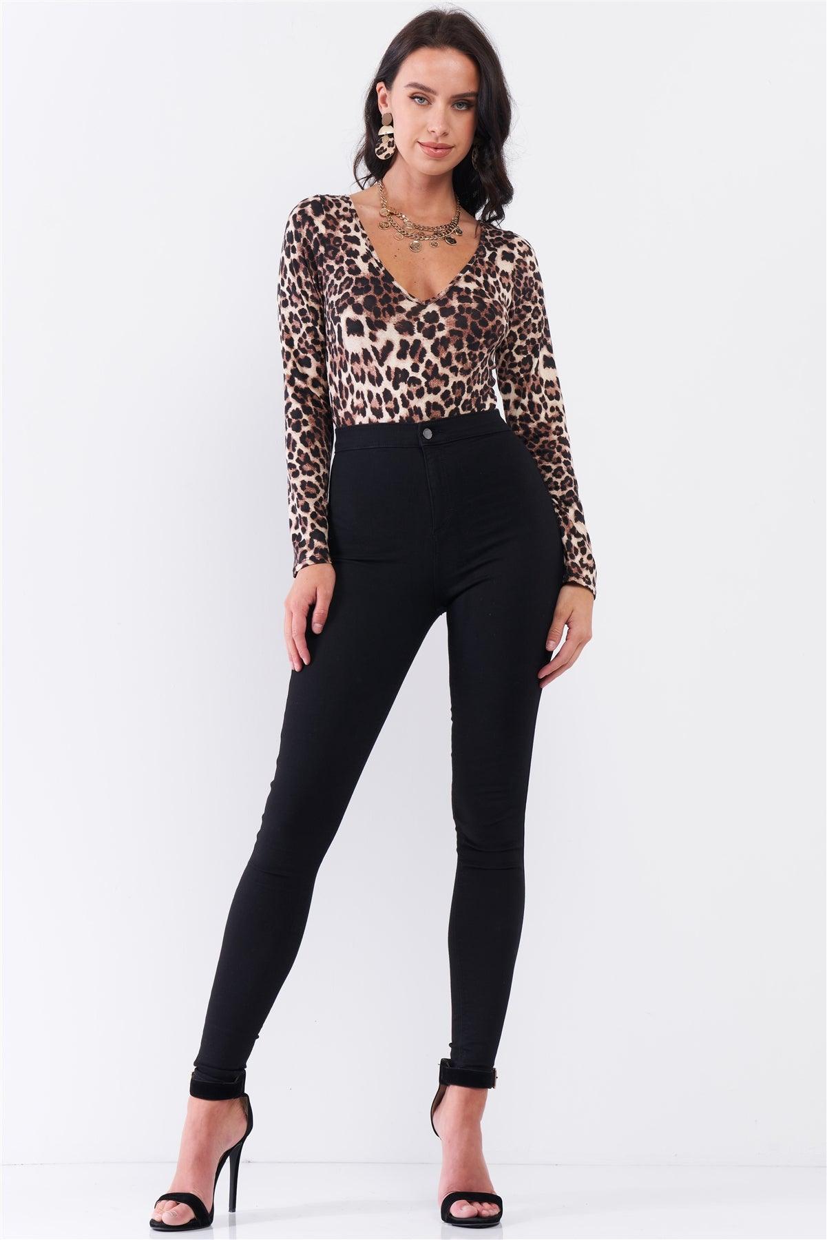 Cream & Black Leopard Print V-Neck Criss-Cross Back Detail Long Sleeve Bodysuit /3-2-1