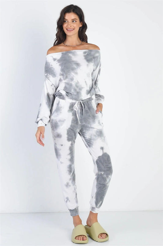 Charcoal Tie-Dye Off-The-Shoulder Top High Waist Pants Set - Tasha Apparel Wholesale