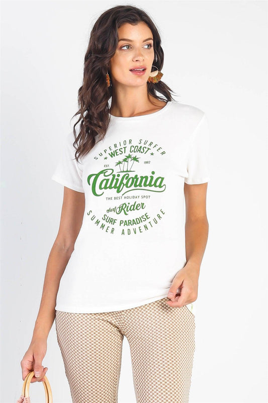 White Graphic Print "California" Short Sleeve T-Shirt Top /3-2-1 - Tasha Apparel Wholesale