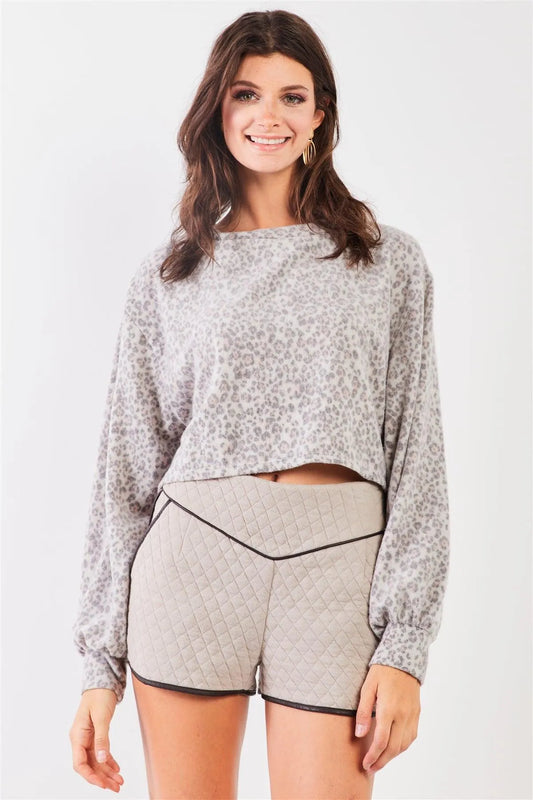Grey Cheetah Print Crew Neck Long Balloon Sleeve Cropped Top /3-2-1 - Tasha Apparel Wholesale