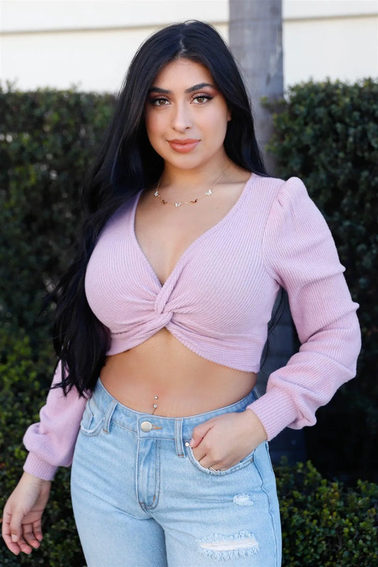 Lilac Ribbed Fluffy Front Twisted Detail Crop Top /3-2-1 - Tasha Apparel Wholesale