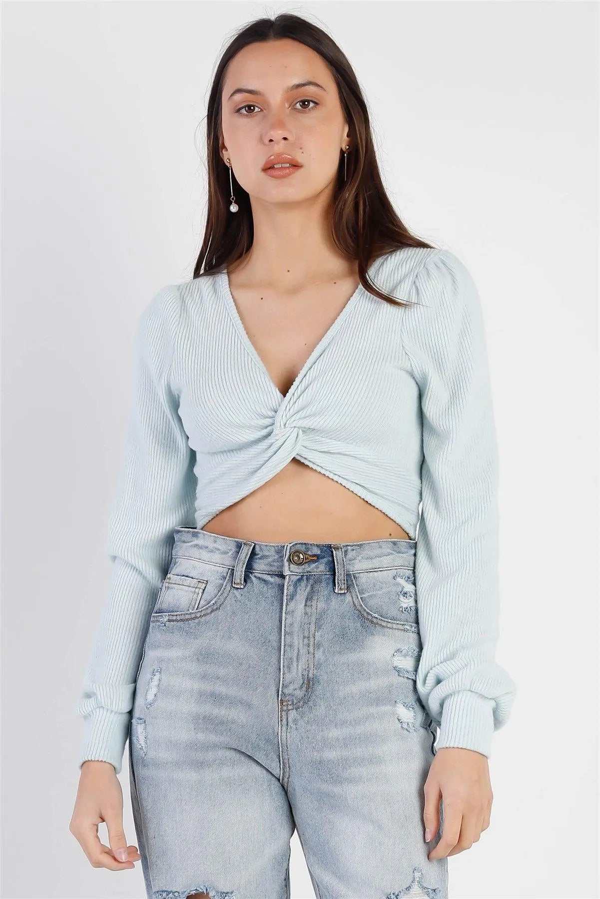 Sky Blue Ribbed Fluffy Front Twisted Detail Crop Top /2-2-1 - Tasha Apparel Wholesale