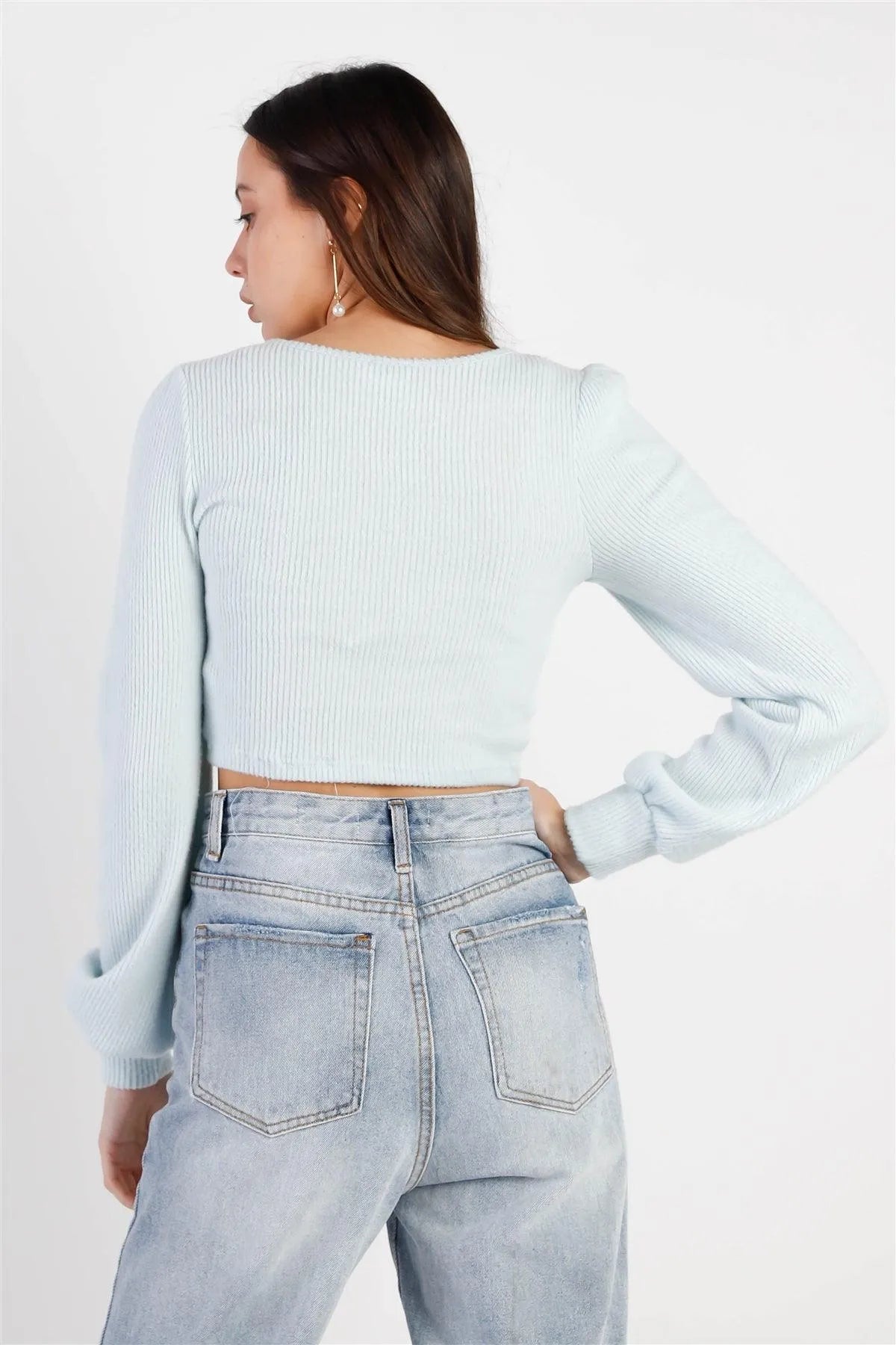 Sky Blue Ribbed Fluffy Front Twisted Detail Crop Top /2-2-1 - Tasha Apparel Wholesale