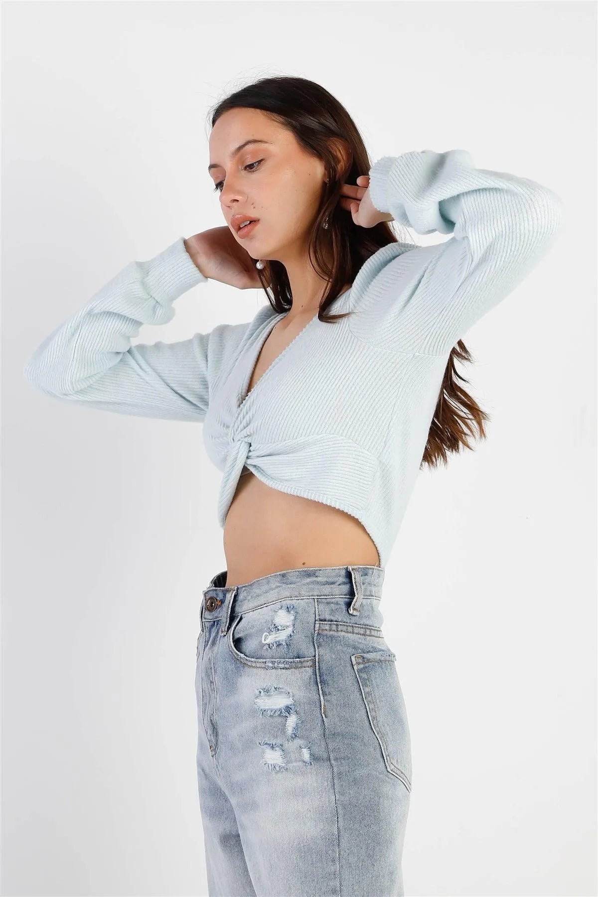 Sky Blue Ribbed Fluffy Front Twisted Detail Crop Top /2-2-1 - Tasha Apparel Wholesale