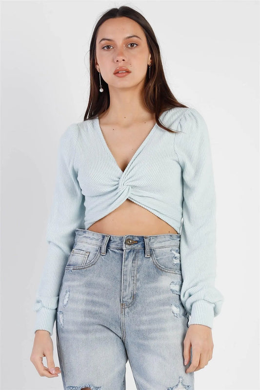 Sky Blue Ribbed Fluffy Front Twisted Detail Crop Top /3-2-1 - Tasha Apparel Wholesale