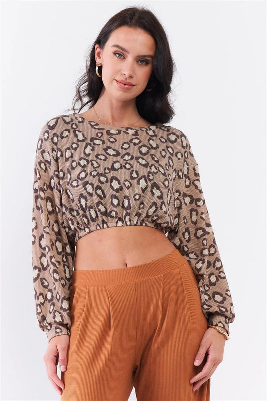 Taupe & Cream Cheetah Round Neck Knit Construction Dropped Shoulders Long Sleeve Elasticated Waist Cropped Top /3-2-1 - Tasha Apparel Wholesale
