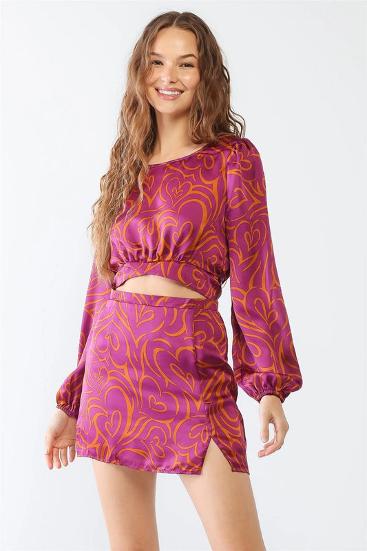 Magenta & Rust Heart Print Satin Peasant Long Sleeve Self-Tie Around Crop Top & High Waist Mini Skirt Set /1-2-2-1 - Tasha Apparel Wholesale