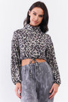 Taupe Black Leopard Turtleneck Relaxed Balloon Sleeve Draw-String Hem Crop Sweater /2-2