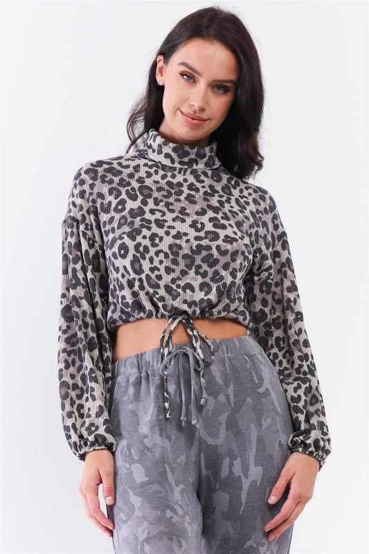 Taupe Black Leopard Turtleneck Relaxed Balloon Sleeve Draw-String Hem Crop Sweater /2-2 - Tasha Apparel Wholesale