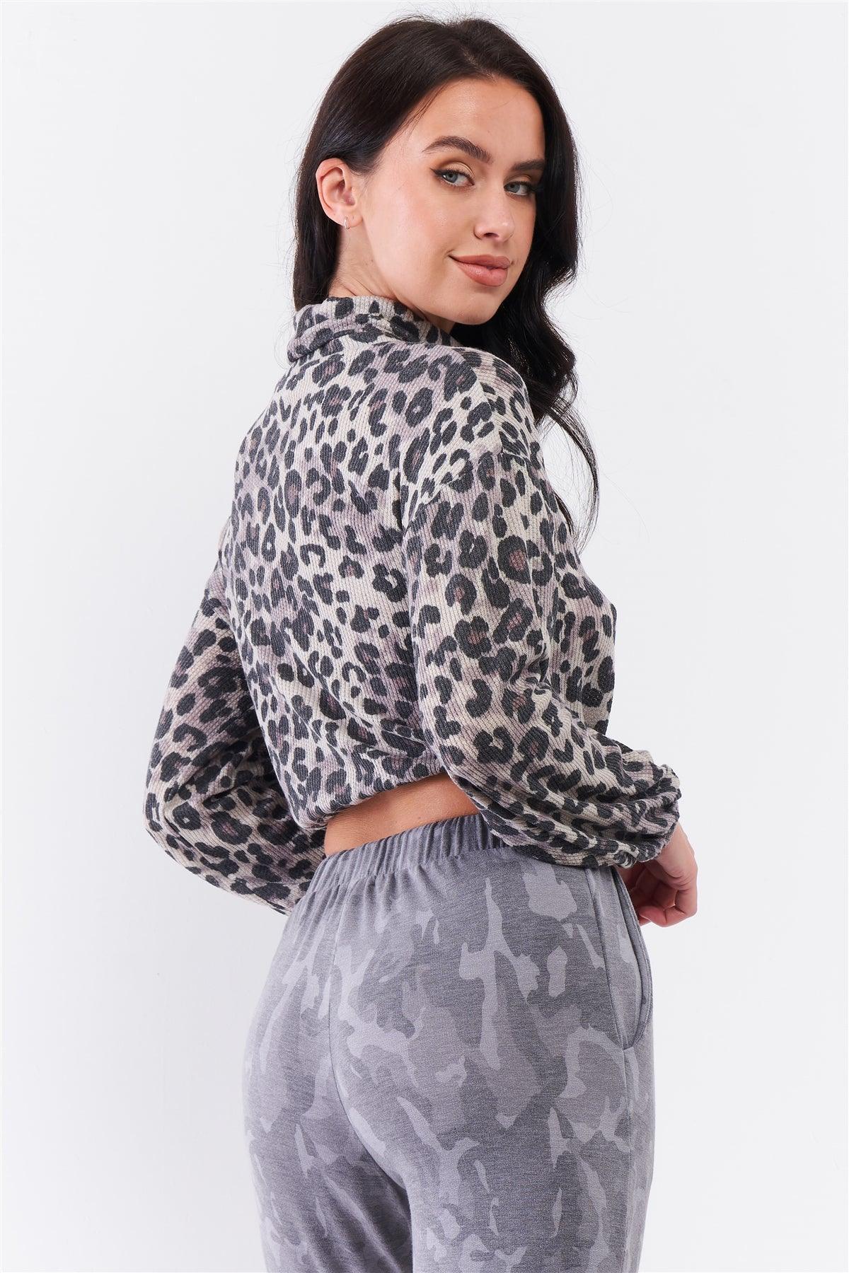 Taupe Black Leopard Turtleneck Relaxed Balloon Sleeve Draw-String Hem Crop Sweater /2-2