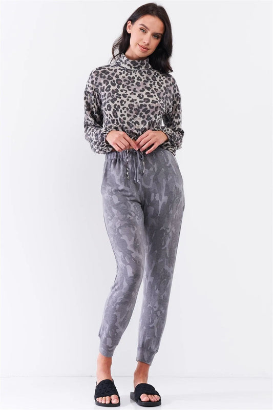 Taupe Black Leopard Turtleneck Relaxed Balloon Sleeve Draw-String Hem Crop Sweater /3-2-1 - Tasha Apparel Wholesale
