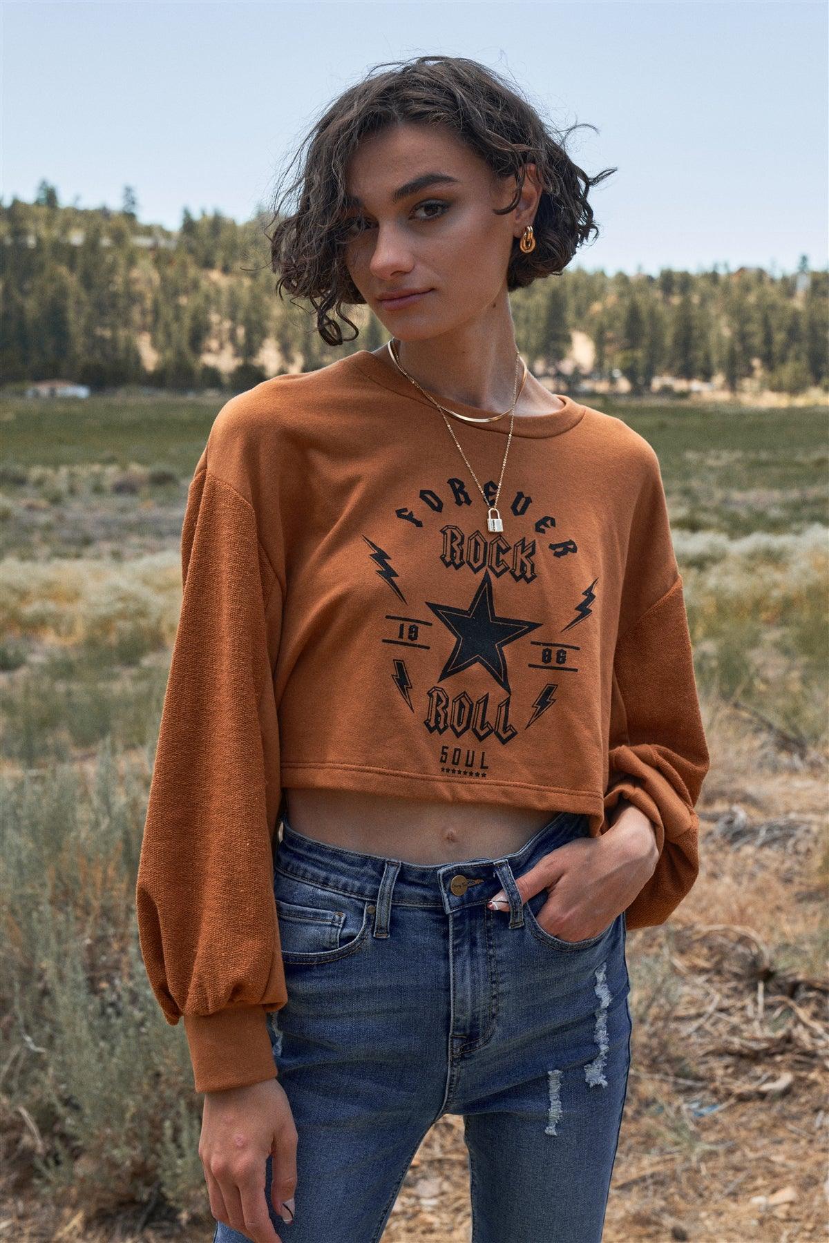 "Forever Rock 'n' Roll" Camel Cropped Long Balloon Sleeve Crew Neck Top /3-2-1