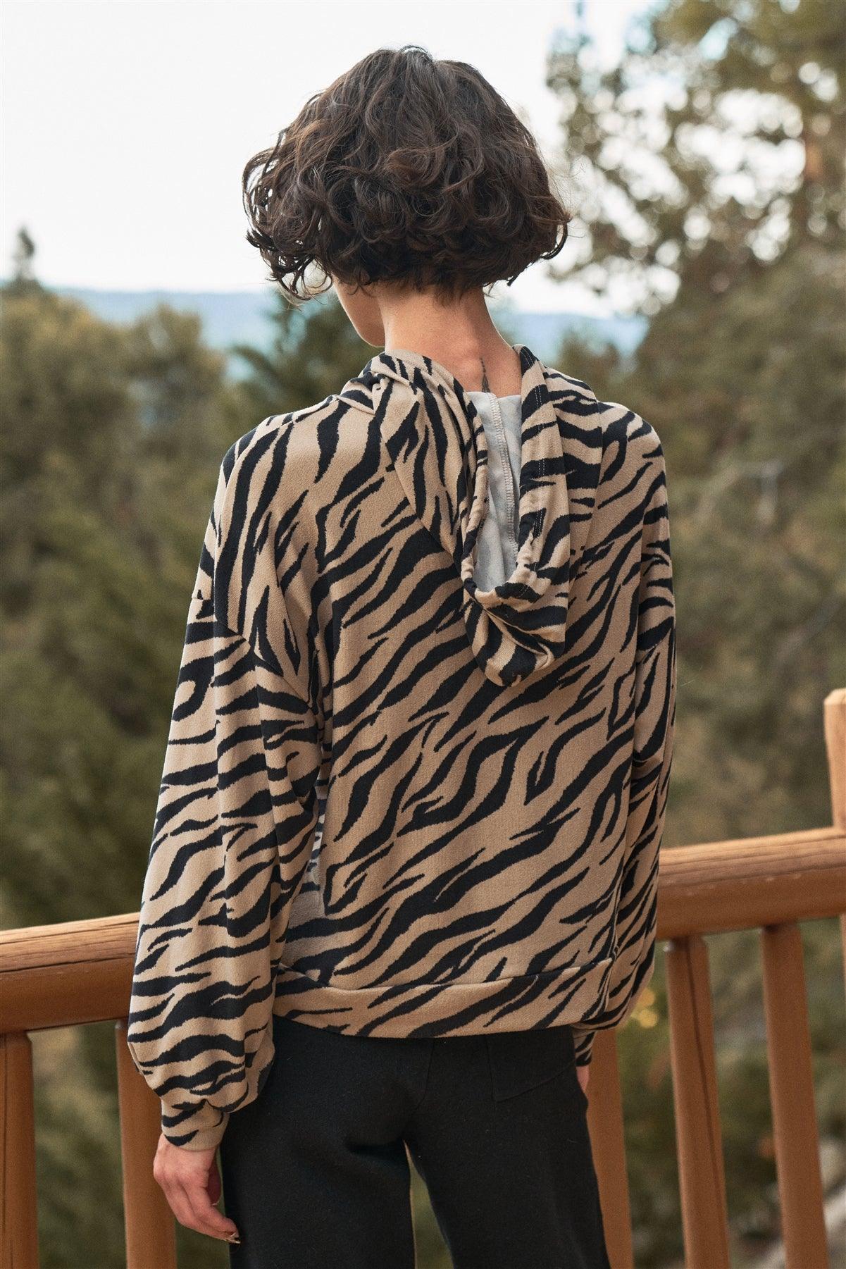 Taupe & Black Tiger Print Kangaroo Front Pocket Detail Relaxed Hooded Sweatshirt /3-2-1