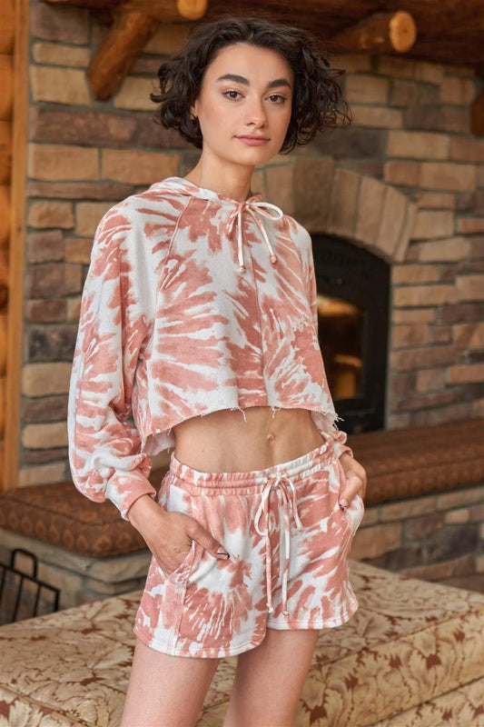 Ivory & Mauve Bleach Effect Raw Hem Crop Hoodie & Mid-Rise Inside-Out Stitch Trim Mini Shorts Two-Piece Lounge Set /2-2 - Tasha Apparel Wholesale