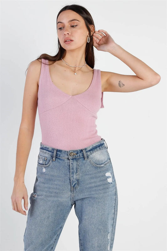 Lilac Flannel Self-Tie Strap Detail Sleeveless Bodysuit /3-2-1 - Tasha Apparel Wholesale