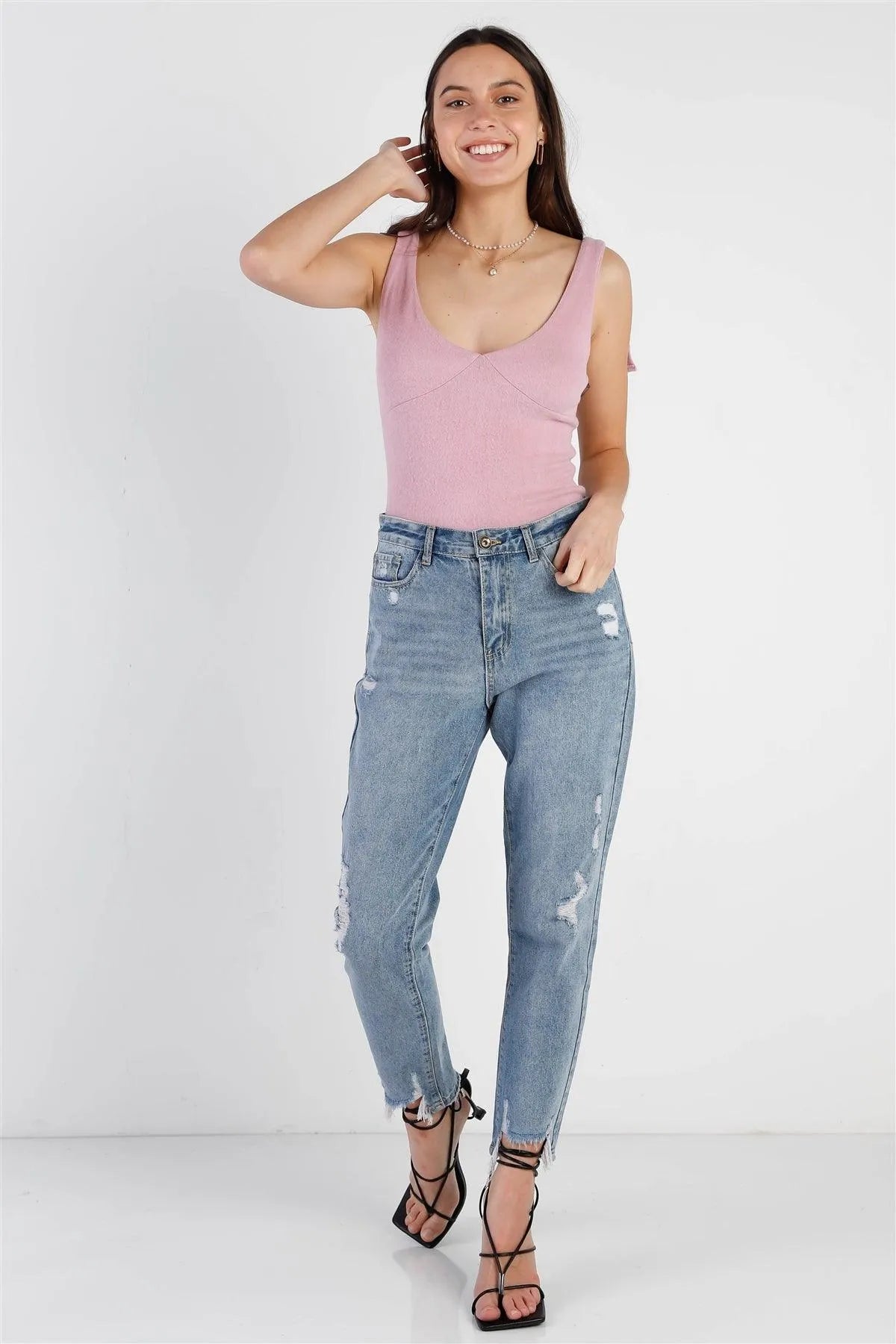 Lilac Flannel Self-Tie Strap Detail Sleeveless Bodysuit /3-2-1 - Tasha Apparel Wholesale