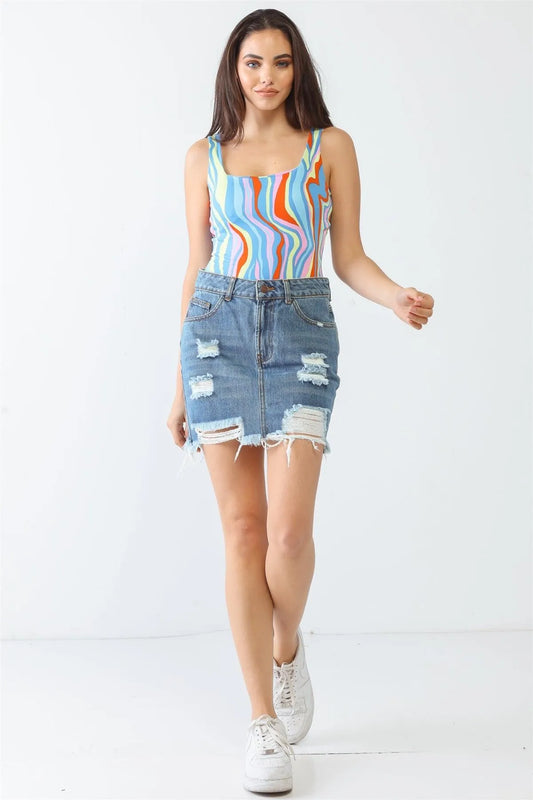 Multicolor Abstract Print Square Neck Bodysuit /2-2-1 - Tasha Apparel Wholesale