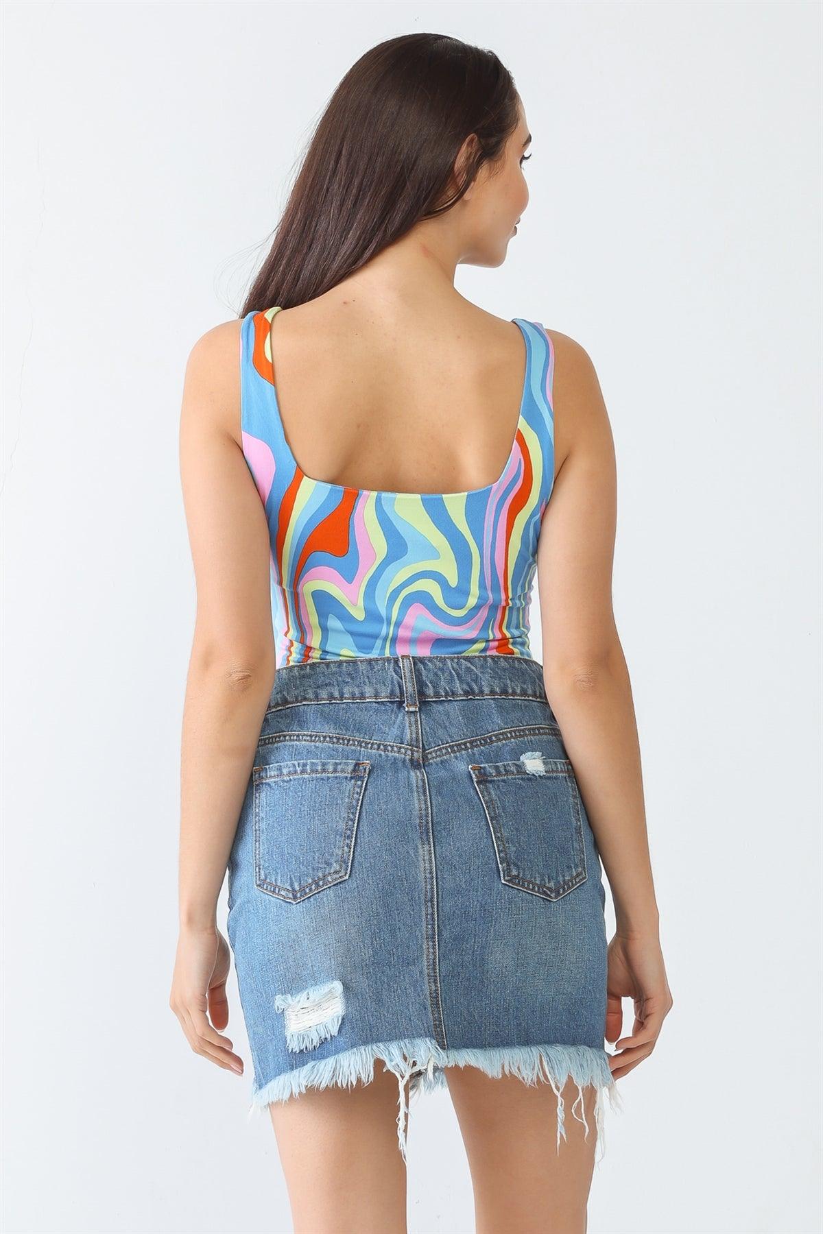 Multicolor Abstract Print Square Neck Sleeveless Bodysuit /3-2-1