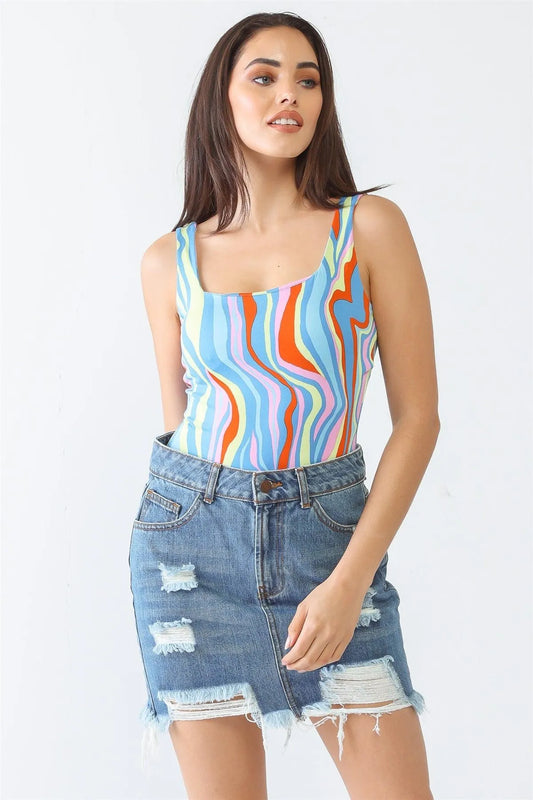 Multicolor Abstract Print Square Neck Sleeveless Bodysuit /3-3 - Tasha Apparel Wholesale