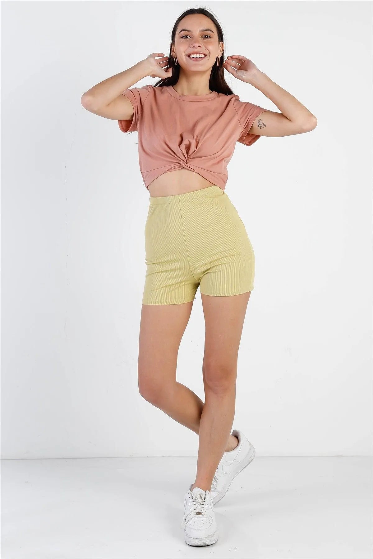 Dark Peach Cotton Twisted Front Detail Short Sleeve Top /3-2-1 - Tasha Apparel Wholesale