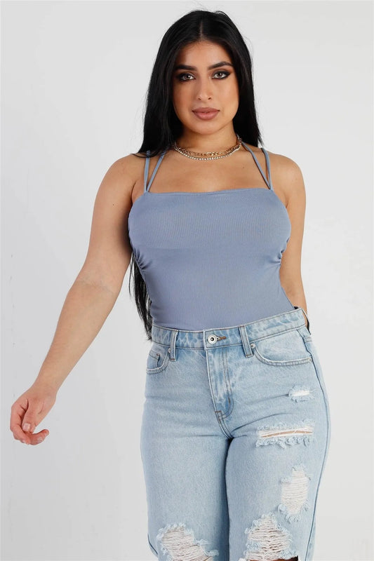 Dusty Blue Ribbed Self-Tie Neck Detail Sleeveless Bodysuit /3-2-1 - Tasha Apparel Wholesale