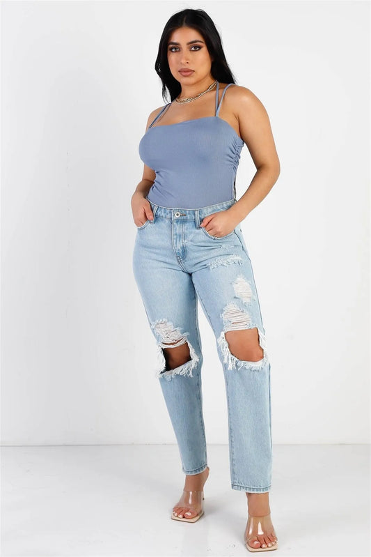 Dusty Blue Ribbed Self-Tie Neck Detail Sleeveless Bodysuit /2-1 - Tasha Apparel Wholesale