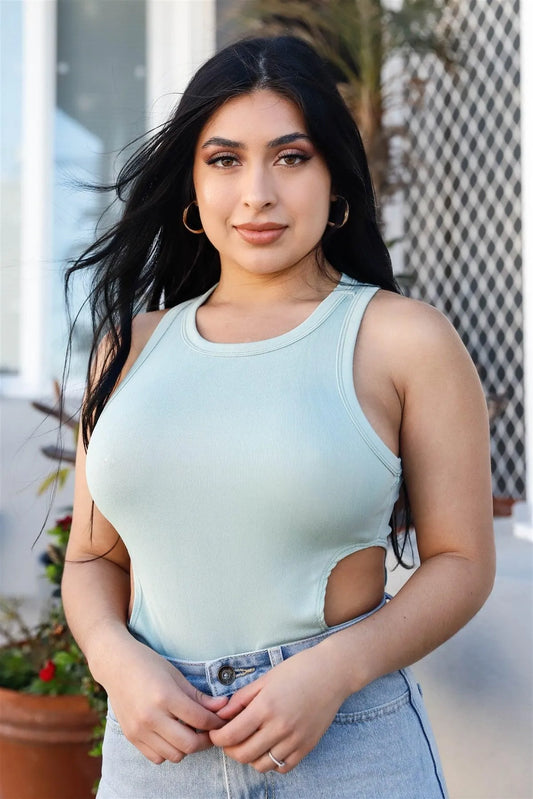 Sage Side Cut-Out Detail Sleeveless Bodysuit /3-2-1 - Tasha Apparel Wholesale