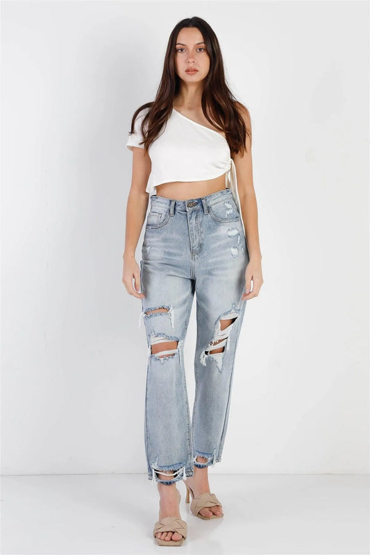 Ivory Cotton One Shoulder Side Self-Tie Crop Top /3-2-1 - Tasha Apparel Wholesale