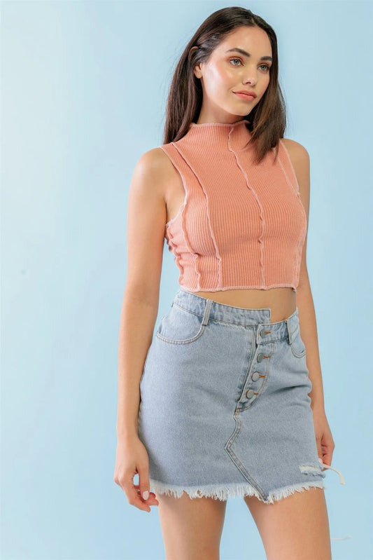 Dark Peach Ribbed Inside-Out Sleeveless Mock Neck Crop Top /3-2-1 - Tasha Apparel Wholesale