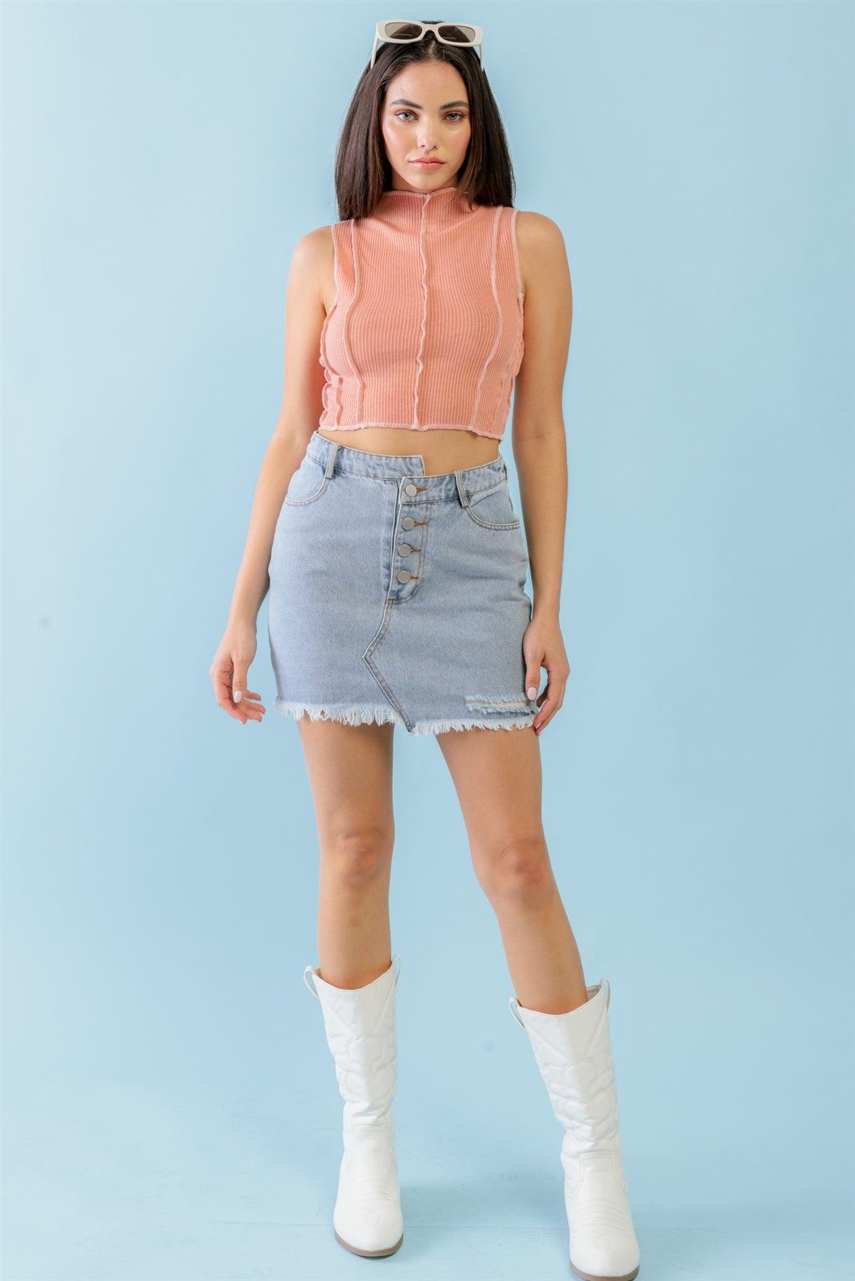 Dark Peach Ribbed Inside-Out Sleeveless Mock Neck Crop Top /3-2-1