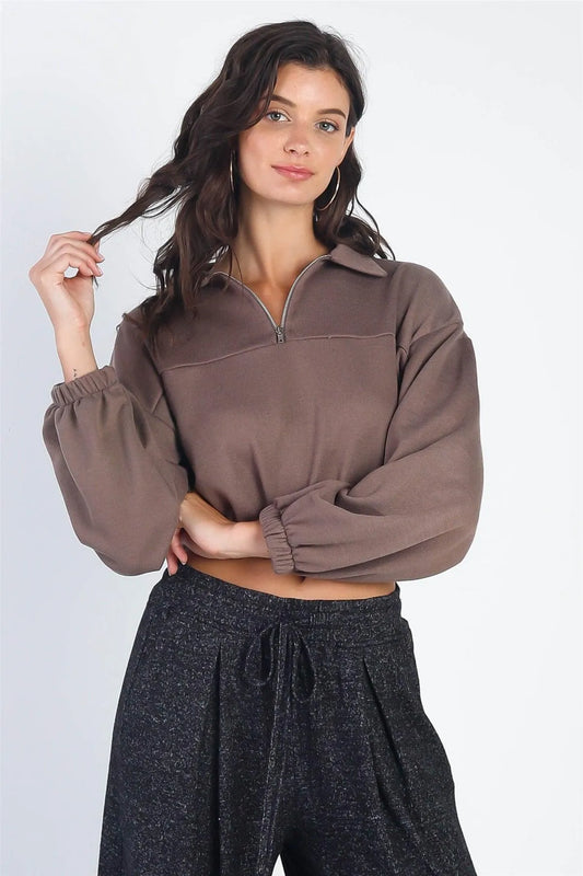 Mocha Zip-Up Collared Long Sleeve Crop Sweater /2-2 - Tasha Apparel Wholesale