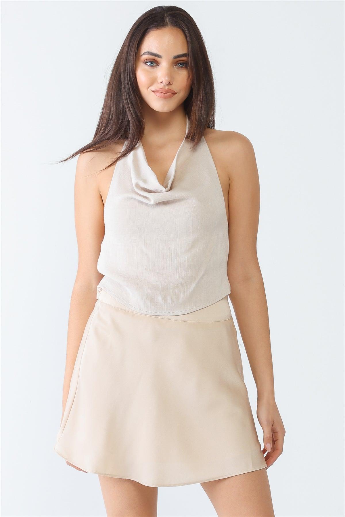 Taupe Cowl Neck Sleeveless Smocked Back Crop Top /3-2-1