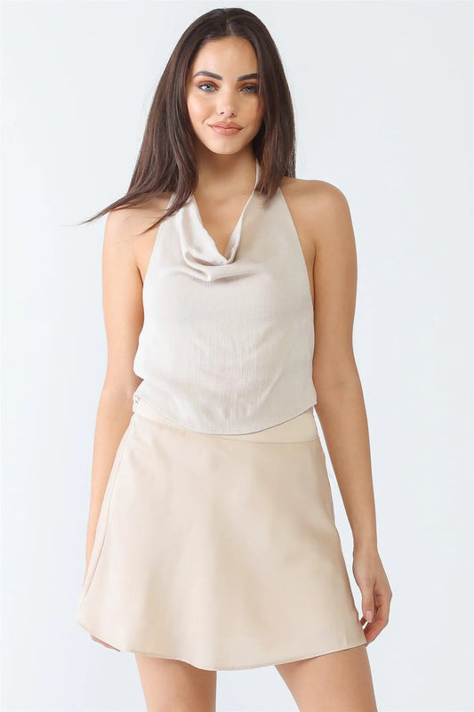 Taupe Cowl Neck Sleeveless Smocked Back Crop Top /3-2-1 - Tasha Apparel Wholesale