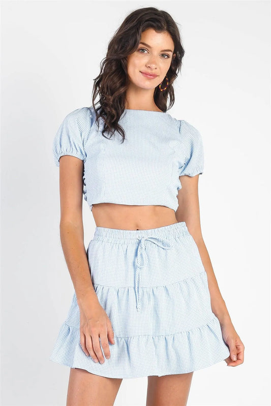 Light Blue & White Plaid Crop Top & High Waist Flare Skirt Set /3-2-1 - Tasha Apparel Wholesale