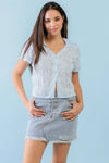 Light Blue Floral Embroidered Button-Up Collared Neck Short Sleeve Top /3-2-1 - Tasha Apparel Wholesale